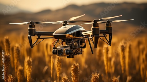 A drone flying over a golden wheat field at sunset, smart tech used for monitoring the fields in agriculture