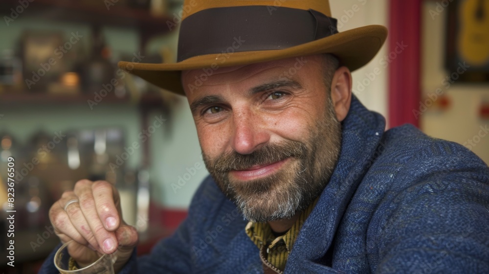 Smiling bearded man in hat enjoying coffee at a cafe Smiling bearded man in hat enjoying coffee at a cafe