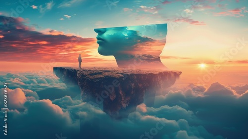 Solitary figure on a cliff with surreal sky and face silhouette photo