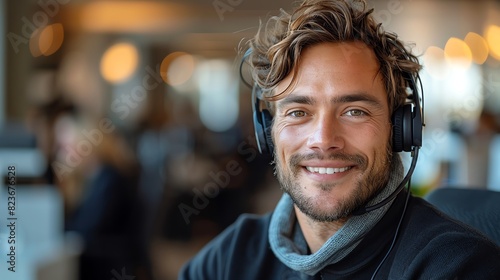 Smiling male customer service representative with headphones on photo