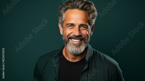 A handsome middle-aged man, isolated on an empty blue background, with a smile, positive and confident expression