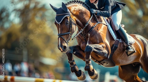 Show jumping event captures horse and rider in mid-action. photo