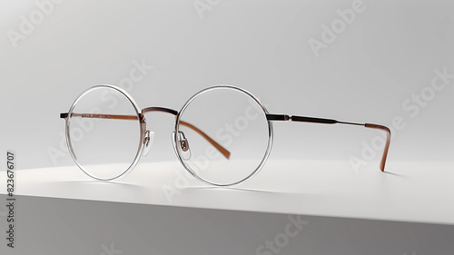 Next to the glass circle, there are eyeglass frames, creating a captivating visual composition. An optically clear, thin glass circle, seen from a side angle with a rotated perspective. It is brillian photo