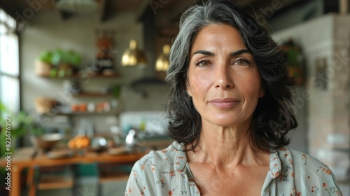 Serene mature woman with a gentle smile in cozy home interior
