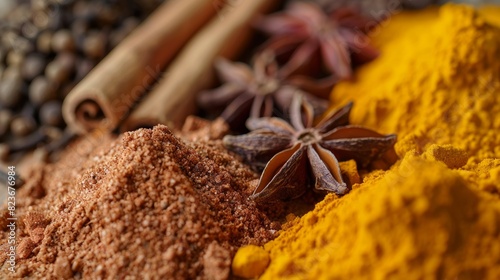 Assorted Spices on Wooden Surface with Vibrant Colors