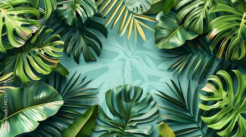 Vibrant Overlapping Tropical Leaves Composition in Lush Ivory and Green Color Palette on Soft Blue Background