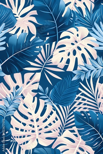 Vibrant and Lively Tropical Leaf Pattern with Monstera, Palm, and Banana Leaves in Ivory and Blue Color Scheme