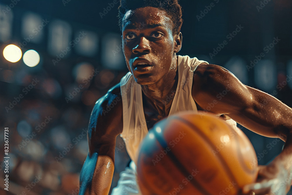 Basketball player at a basketball match, active man playing in an arena, sport and strength in competition. Basketball player at a basketball match, active man playing in an arena, sport and strength in competition.