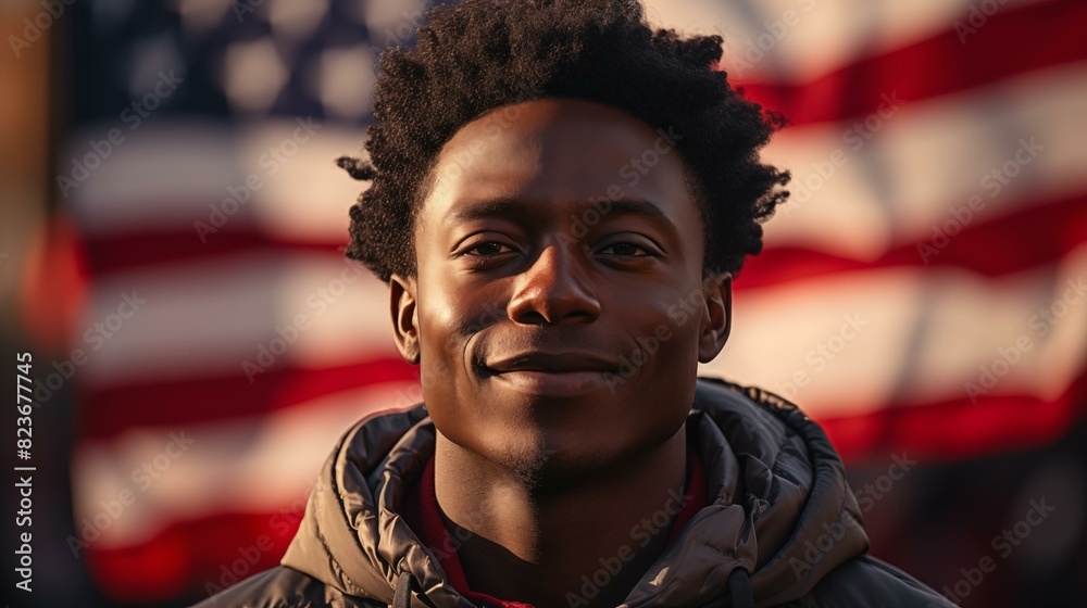 A young African American in front of the USA flag, positive, proud and confident A young African American in front of the USA flag, positive, proud and confident