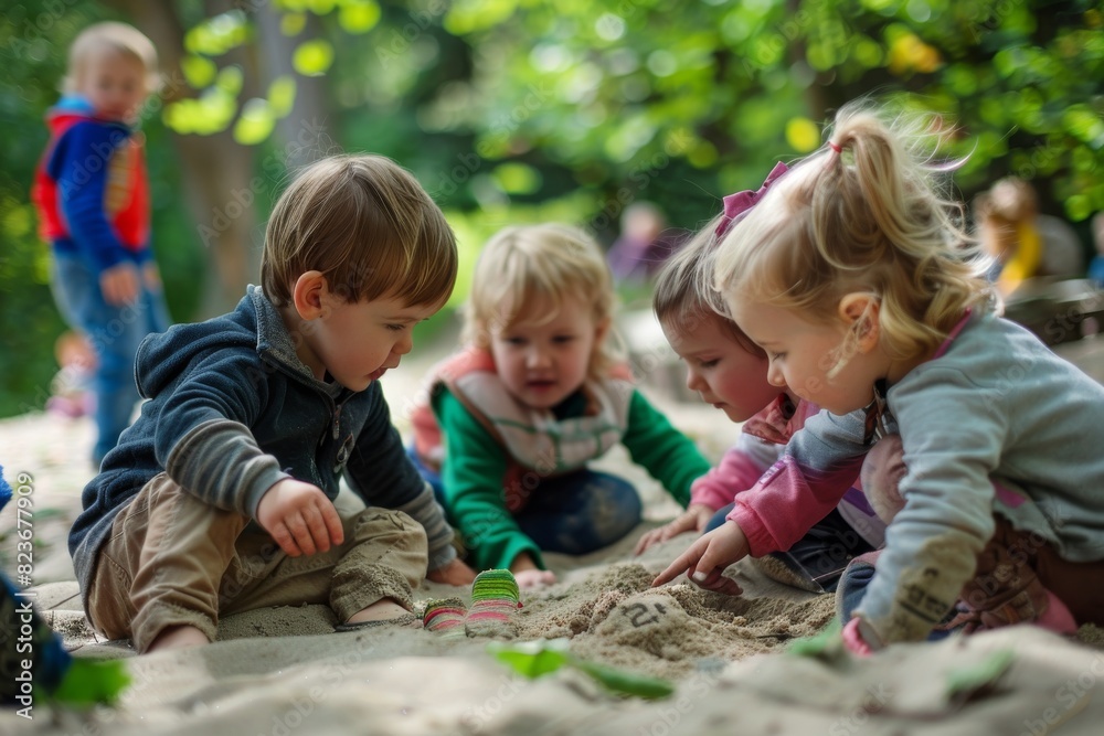 Group of children playing with sand in park on sunny summer day. Group of children playing with sand in park on sunny summer day.