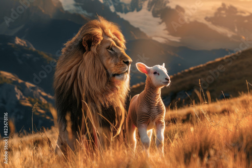 A lion and lamb standing together in the grassy meadow,