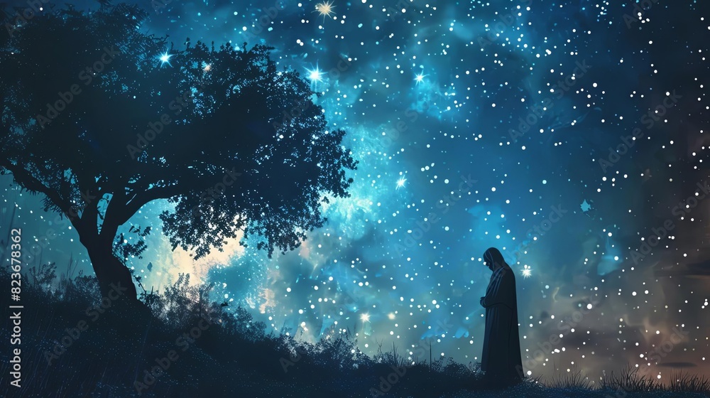 mystical prophet seeking divine guidance in starlit night spiritual devotion concept illustration mystical prophet seeking divine guidance in starlit night spiritual devotion concept illustration