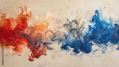 Vivid clash of red and blue smoke on neutral background