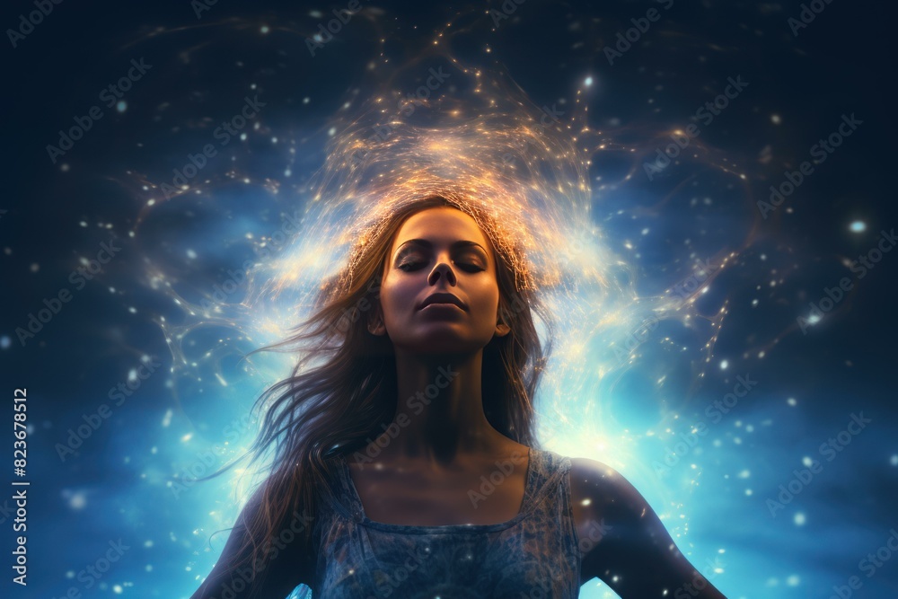 Mystical woman with a radiant energy aura, surrounded by a cosmic backdrop of stars and light