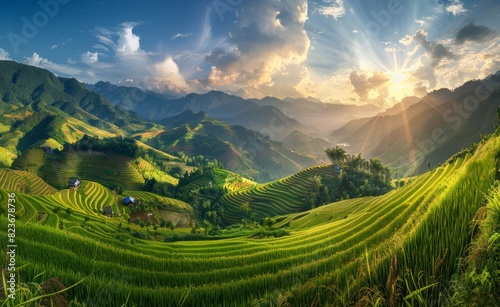A panoramic view of the terraced rice fields  showcasing their unique design and lush greenery against the backdrop of mountains at sunset