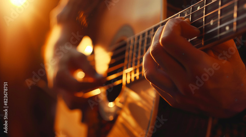 Closeup of hands playing guitar, focusing on the fingers and strings with a shallow depth of field, setting with a blurred background.