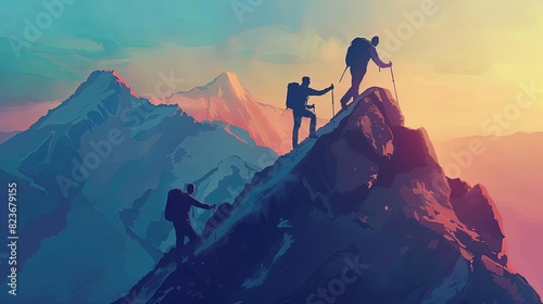 overcoming obstacles hikers helping each other reach the mountain peak digital illustration photo
