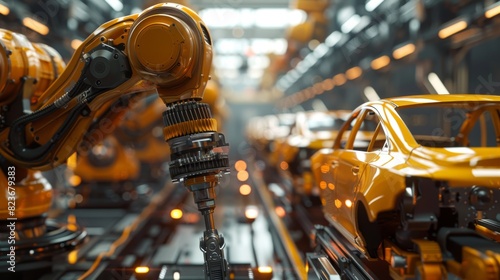 A closeup photo of robotic arms welding a car chassis in a factory, Generated by AI