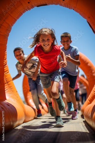 A group of kids excitedly running through a vibrant inflatable tunnel at a drone obstacle course challenge. The children are laughing and having fun as they navigate through the tunnel