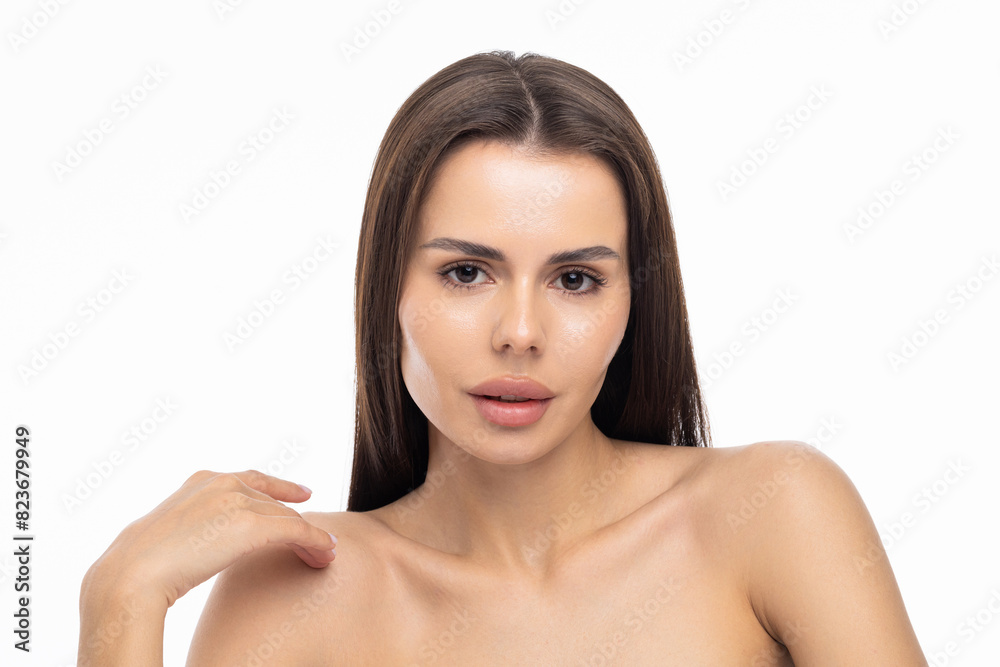 Portrait of young woman with perfect smooth skin isolated over white background. Portrait of young woman with perfect smooth skin isolated over white background.