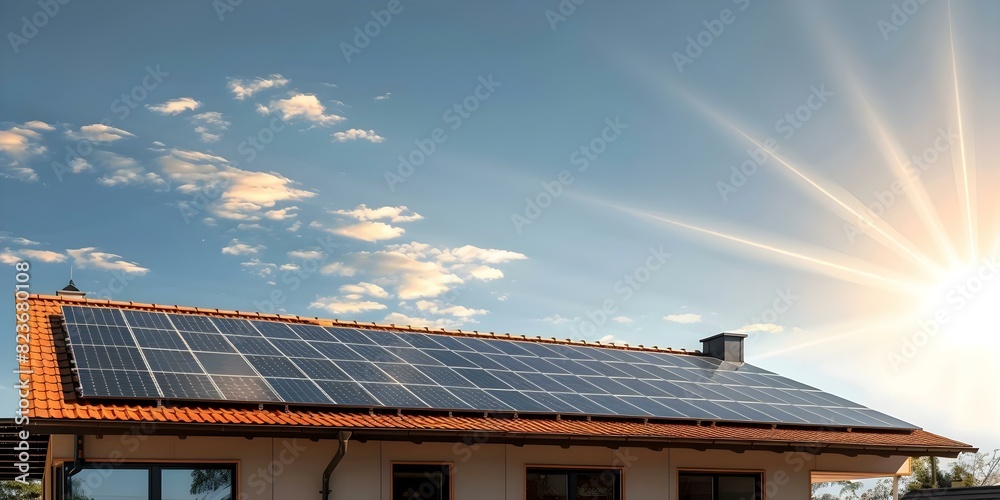 Fototapeta premium Solar panels on sustainable home roof under sunlight for energy efficiency. Concept Sustainable Home, Solar Panels, Energy Efficiency, Green Living, Renewable Energy