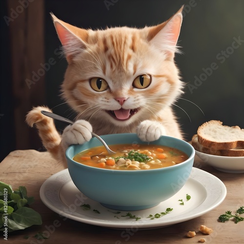 cat eating soup, Purrfectly Savoring Soup: A Feline Feast,
cat happily eating soup. photo