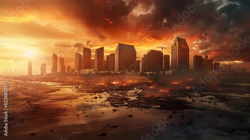 postapocalyptic fictional san diego city skyline armageddon scifi survival concept illustration © Bijac