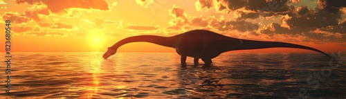 Prehistoric Diplodocus Drinking from the Serene Ocean at Golden Sunset