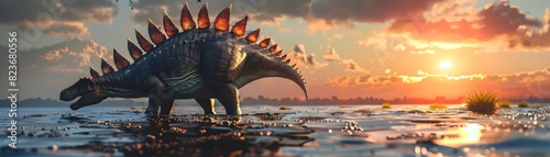 Majestic Stegosaurus Wading in Tranquil Sunset Waters with Spiked Plates Reflecting the Warm Glow photo