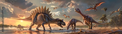 Prehistoric Dinosaurs Gathering at Stunning Sunset Beach Landscape