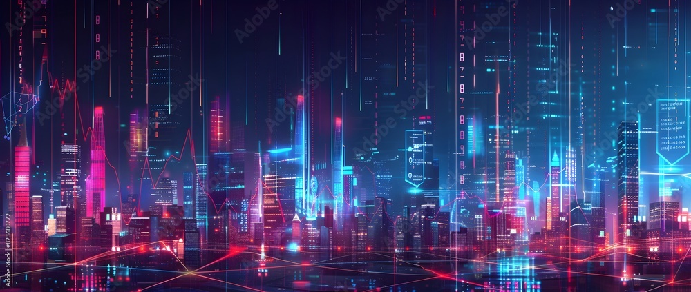 Futuristic City Skyline with Neon Lights and Advanced Architectural Structures Illuminating the Night