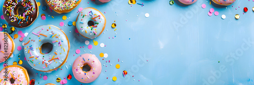 Horizontal banner for National Donut Day featuring a frame of colorful donuts covered with icing and confetti on a blue background with free space for text. Suitable for social media posts,...