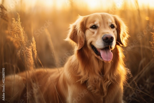 Serene golden retriever sits in a field basking in the warm glow of a sunset