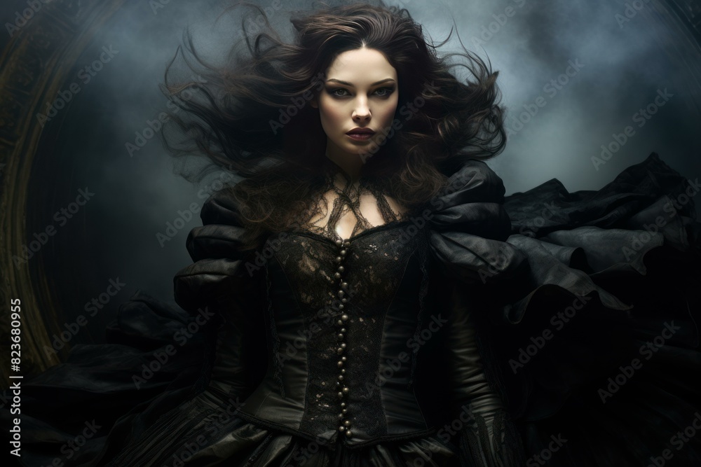 Elegant woman in a dark, gothic dress with flowing hair, exuding an air of mystery and allure Elegant woman in a dark, gothic dress with flowing hair, exuding an air of mystery and allure