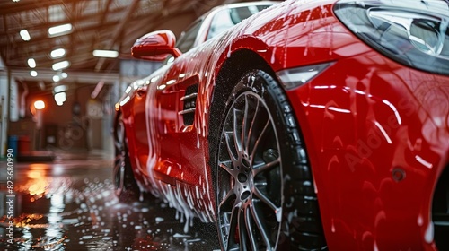 professional car wash expert cleaning red sports car with highpressure water spray luxury vehicle detailing service © Bijac