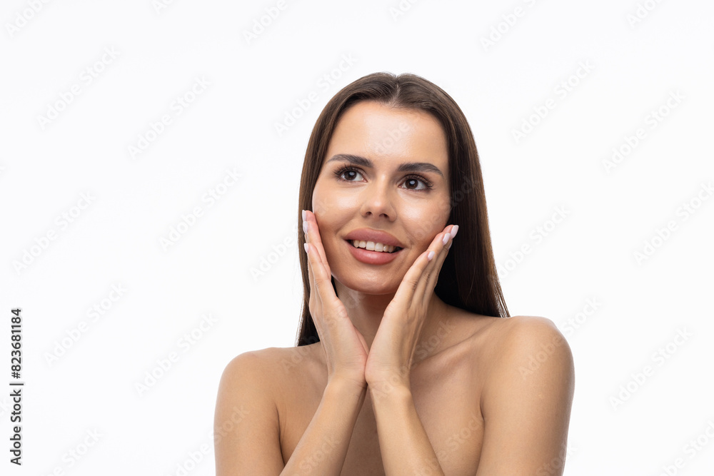 Portrait of young woman with perfect smooth skin isolated over white background. Portrait of young woman with perfect smooth skin isolated over white background.