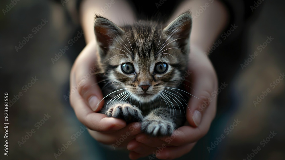 Adorable kitten cradled in hands at dusk in a garden. Adorable kitten cradled in hands at dusk in a garden.