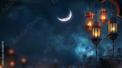 ramadan background with lanterns and crescent moon islamic greeting card