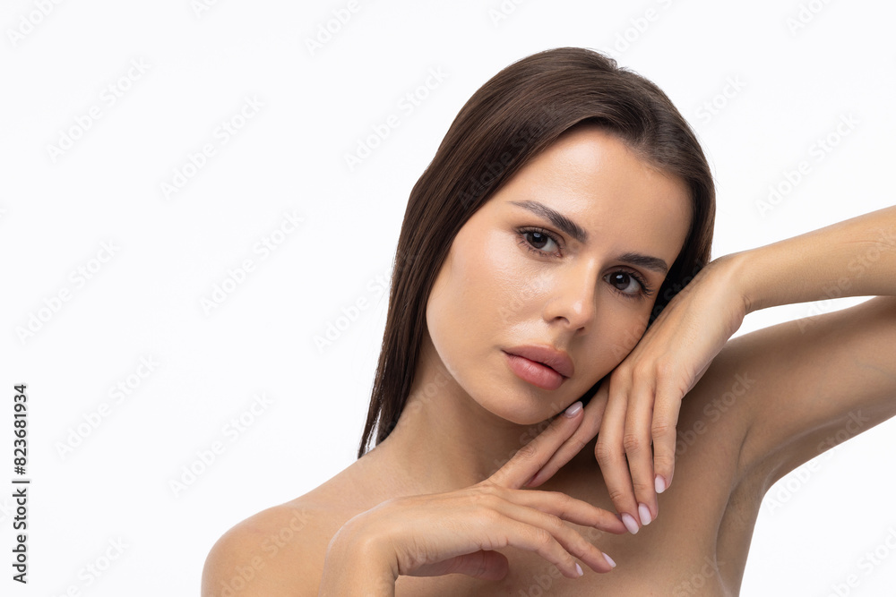 Portrait of young woman with perfect smooth skin isolated over white background. Portrait of young woman with perfect smooth skin isolated over white background.