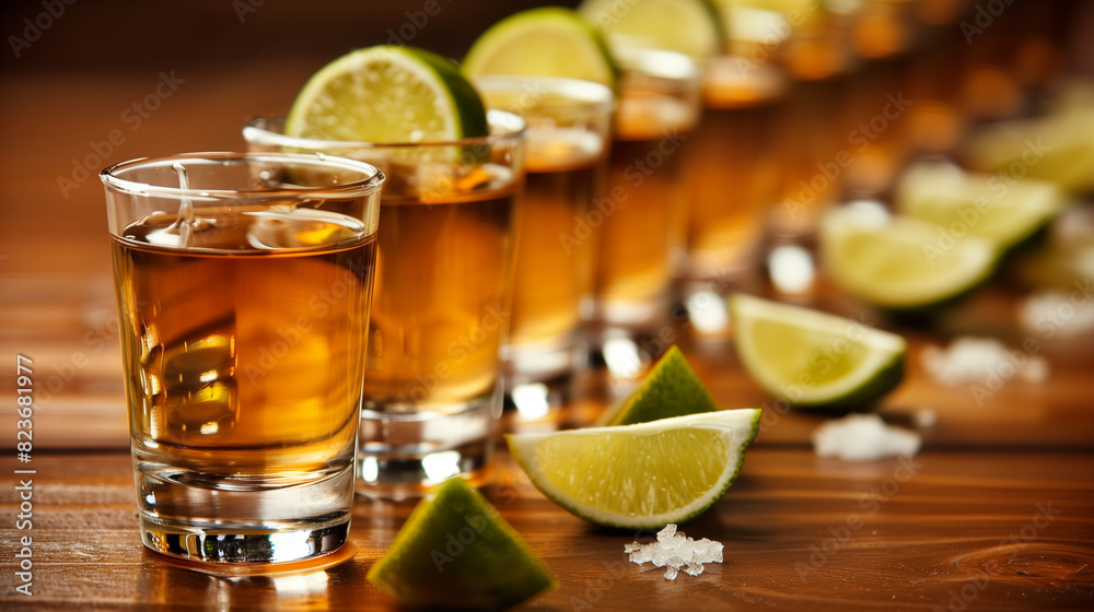 A line of tequila shot glasses in shallow depth of field, in front of each glass is a perfectly cut lime wedge, and a neat small pinch of salt, knelling , alcohol A line of tequila shot glasses in shallow depth of field, in front of each glass is a perfectly cut lime wedge, and a neat small pinch of salt, knelling , alcohol