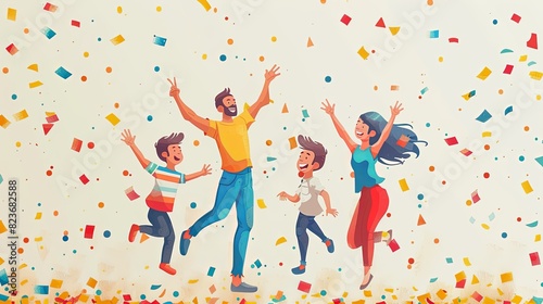 Online party concept. Man and woman with kid dancing together. Video call in social networks. Event, holiday and festival on internet. Cartoon flat vector illustraton isolated on beige background