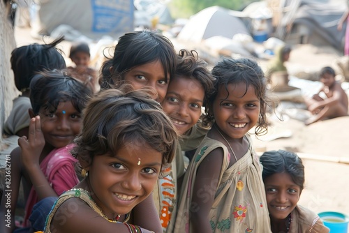 A group of indian kids in a village in the north of India photo