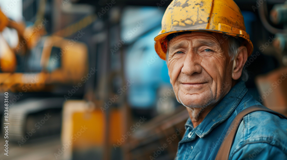 A portrait of an elderly worker in his fifties wearing a construction helmet and overalls on the background. A portrait of an elderly worker in his fifties wearing a construction helmet and overalls on the background.