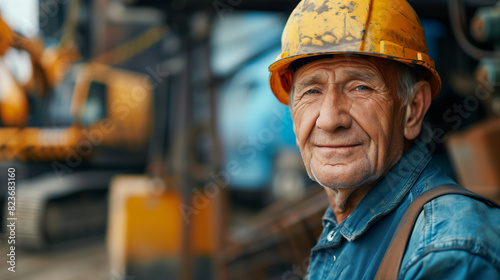 A portrait of an elderly worker in his fifties wearing a construction helmet and overalls on the background. © Владлена Демидова