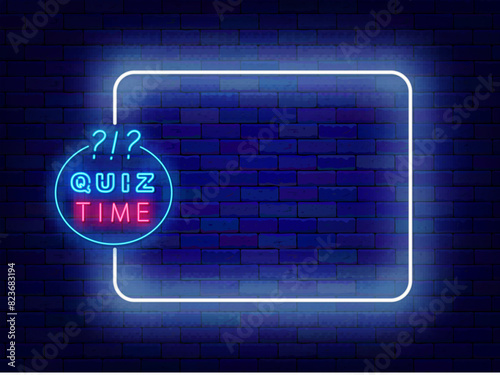 Quiz time neon greeting card. Tv show and game. Trivia night banner. Empty white frame and typography. Exam and competition. Glowing poster. Editable stroke. Copy space. Vector stock illustration