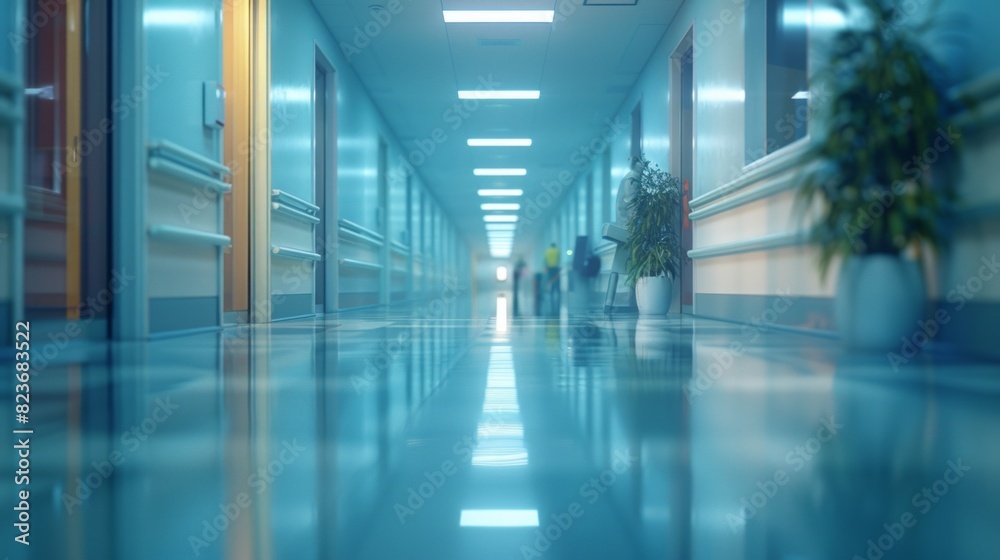 Long corridor in hospital with janitor at work for clean environment.