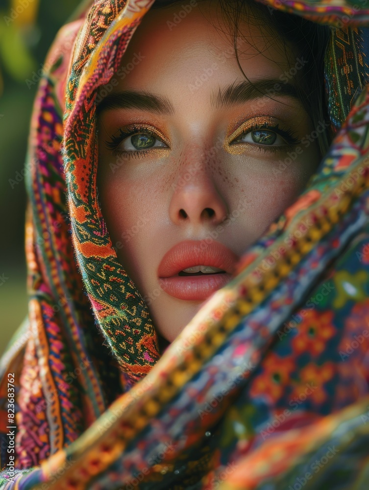 A close-up of a woman with strikingly beautiful features. Her face is framed by a richly colored and intricately patterned fabric that covers her head. A close-up of a woman with strikingly beautiful features. Her face is framed by a richly colored and intricately patterned fabric that covers her head.