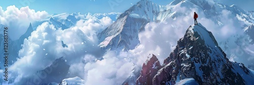 A person standing on the edge of an icy mountain peak, overlooking vast snowcovered mountains and clouds below photo