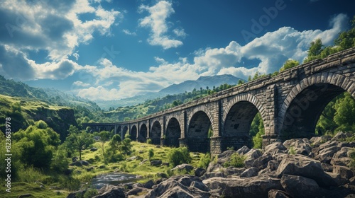Old stone bridge against blue sky with clouds