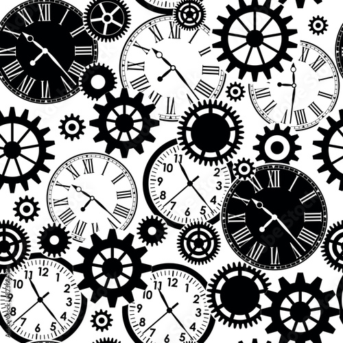 Black and white gears and clocks seamless pattern on white background